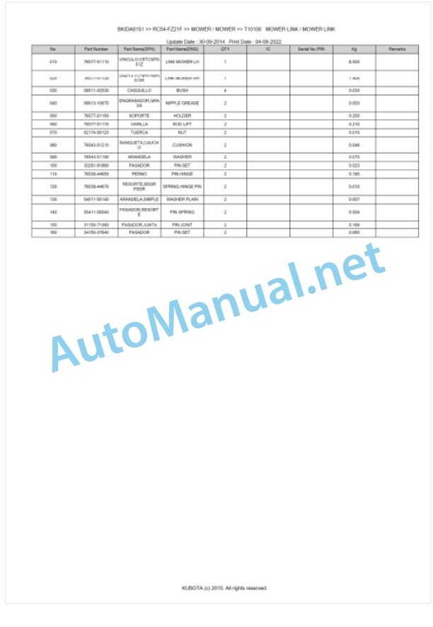 Kubota RC54-FZ21F Parts Manual PDF BKIDA0151-5