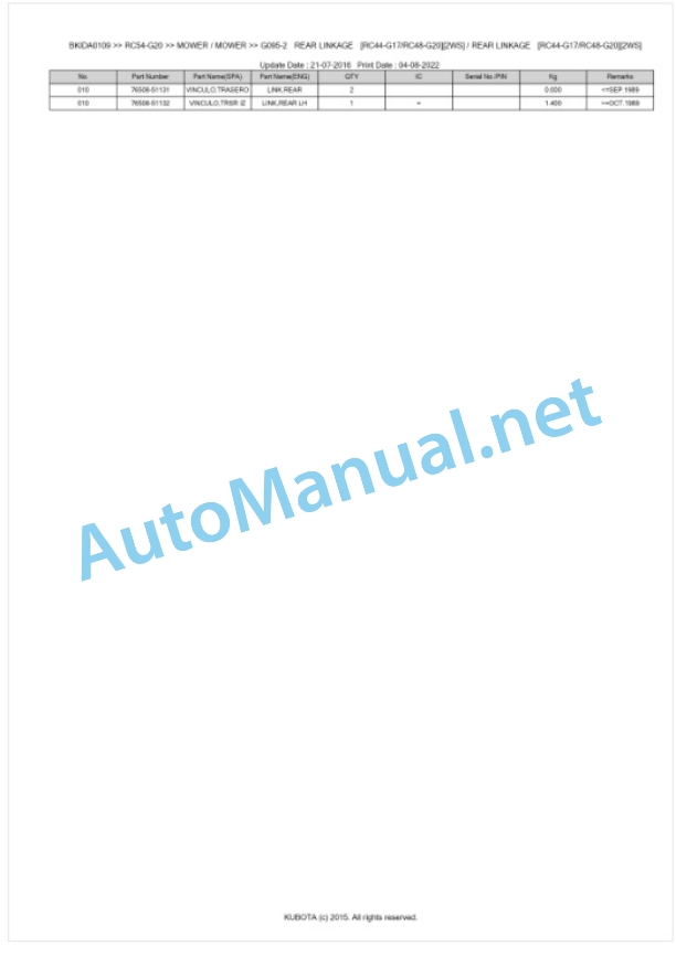 Kubota RC54-G20 Parts Manual PDF BKIDA0109-5