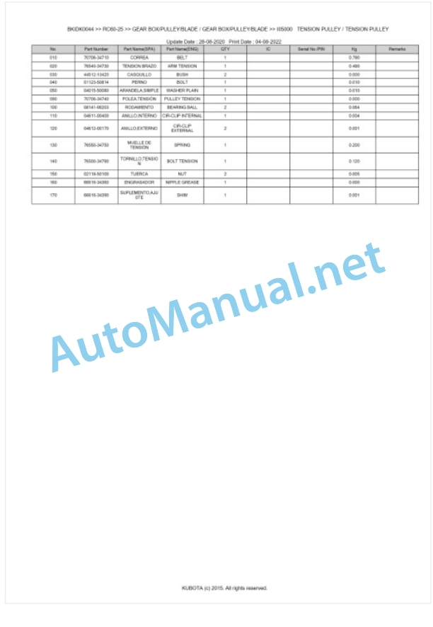 Kubota RC60-25 Parts Manual PDF BKIDK0044-3