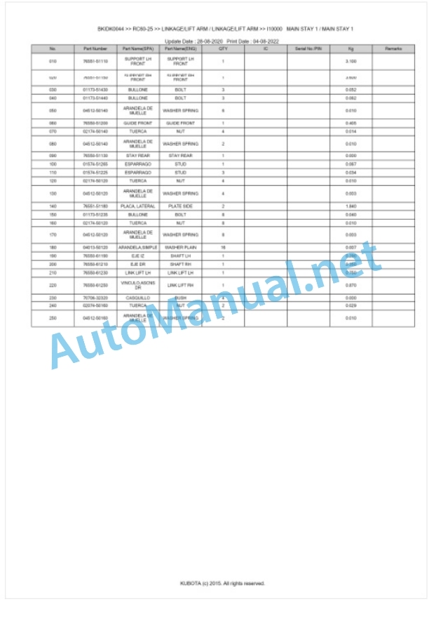 Kubota RC60-25 Parts Manual PDF BKIDK0044-5