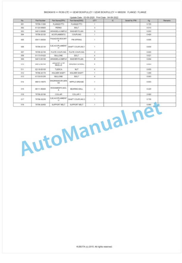 Kubota RC60-27E Parts Manual PDF BKIDK0416-2