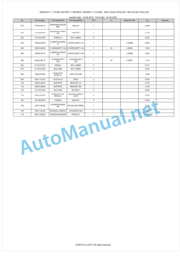 Kubota RC60-35STRW Parts Manual PDF BKIDK5317-3