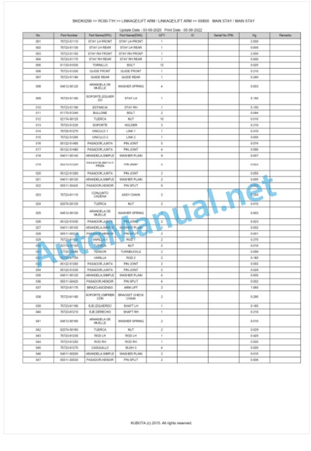 Kubota RC60-71H Parts Manual PDF BKIDK0299-5