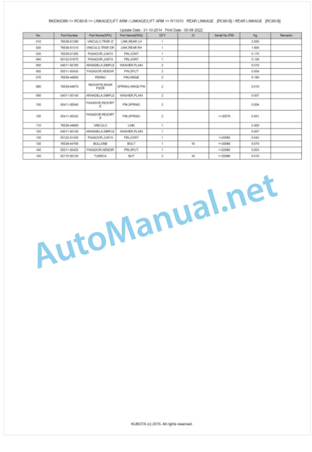 Kubota RC60-B Parts Manual PDF BKIDK0389-5