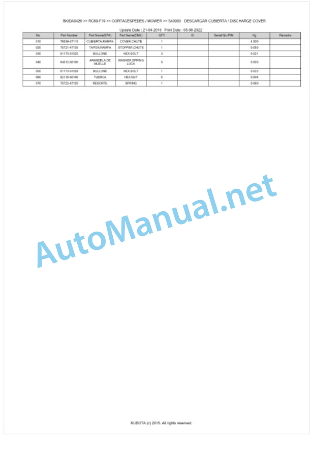 Kubota RC60-F19 Parts Manual PDF BKIDA0426-5