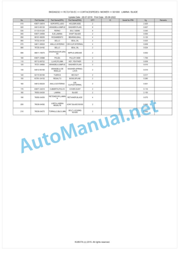 Kubota RC72-F30-EC Parts Manual PDF BKIDA0232-3