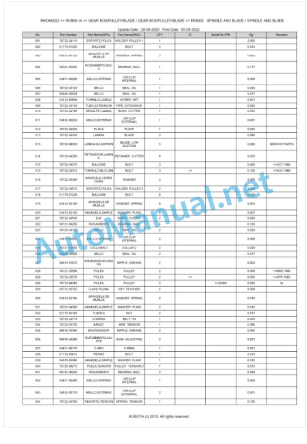 Kubota RCB60-IA Parts Manual PDF BKIDK0022-4