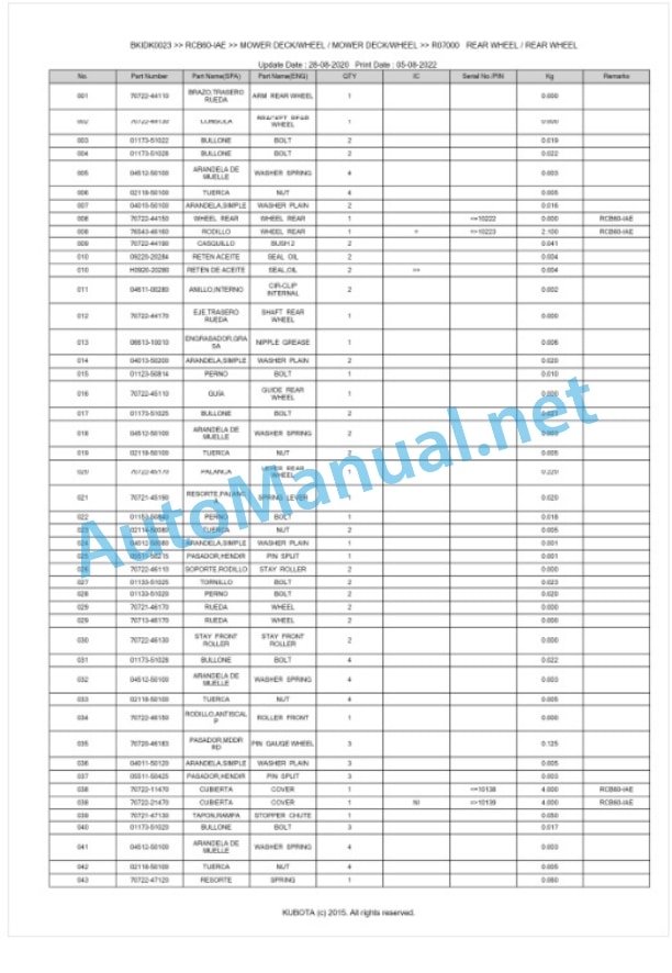 Kubota RCB60-IAE Parts Manual PDF BKIDK0023-5