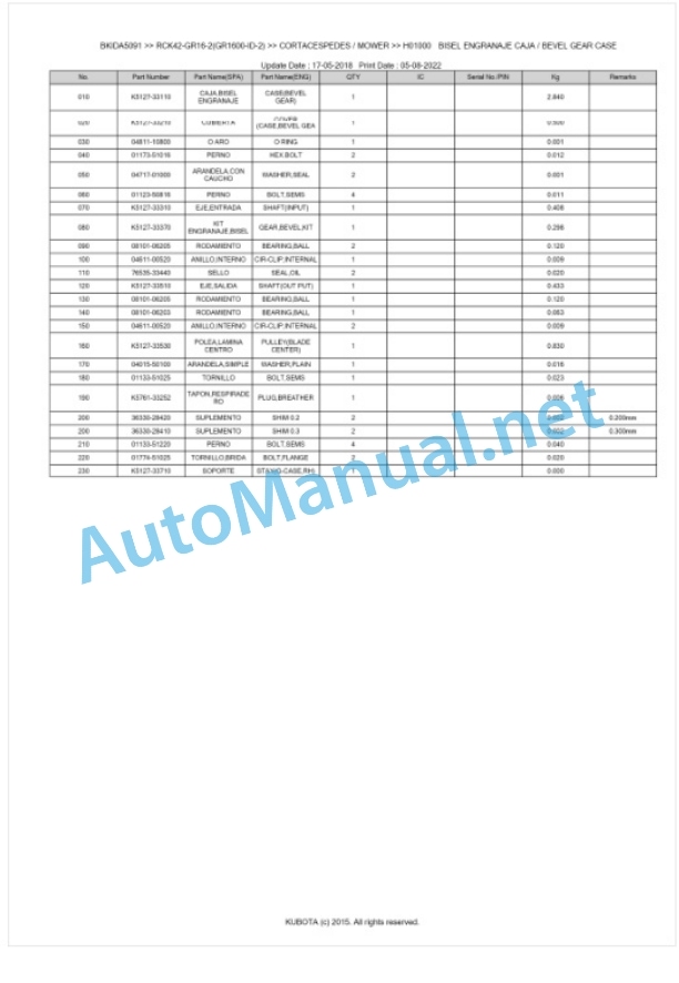 Kubota RCK42-GR16-2(GR1600-ID-2) Parts Manual PDF BKIDA5091-2