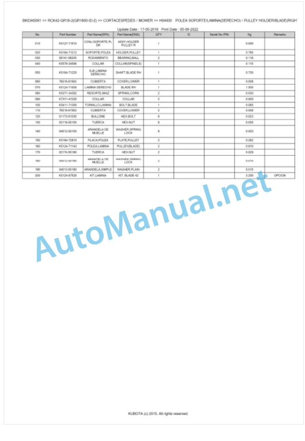 Kubota RCK42-GR16-2(GR1600-ID-2) Parts Manual PDF BKIDA5091-3