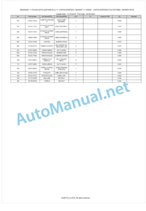 Kubota RCK42-GR16-2(GR1600-ID-2) Parts Manual PDF BKIDA5091-4