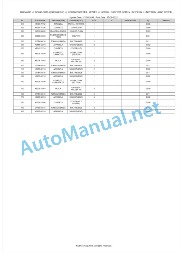 Kubota RCK42-GR16-2(GR1600-ID-2) Parts Manual PDF BKIDA5091-5