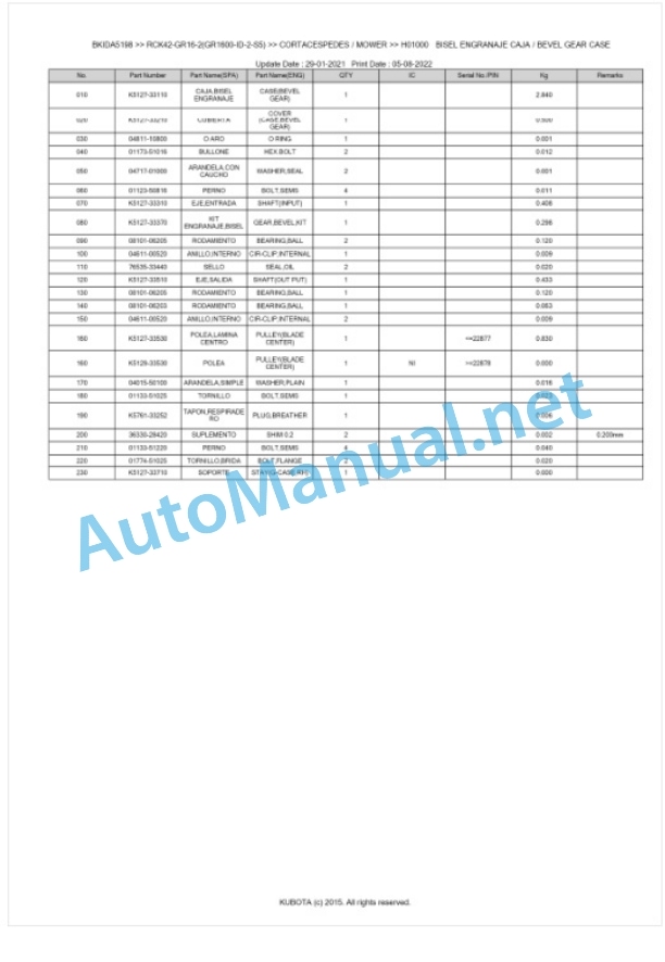 Kubota RCK42-GR16-2(GR1600-ID-2-S5) Parts Manual PDF BKIDA5198-2