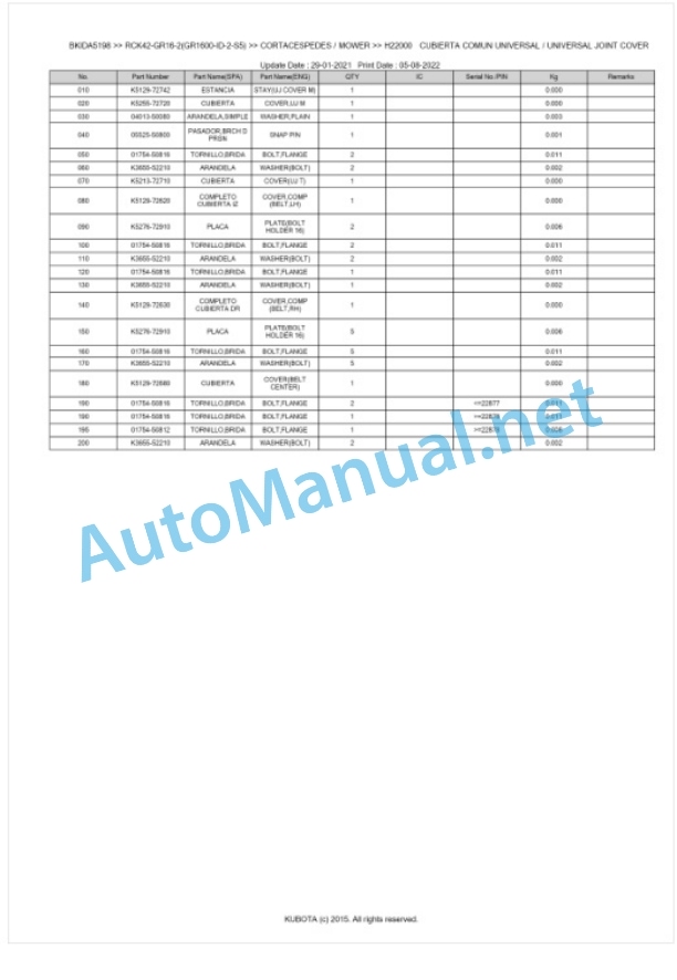 Kubota RCK42-GR16-2(GR1600-ID-2-S5) Parts Manual PDF BKIDA5198-5