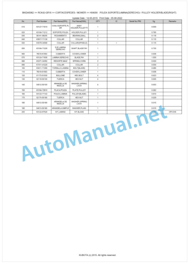 Kubota RCK42-GR16 Parts Manual PDF BKIDA5062-3