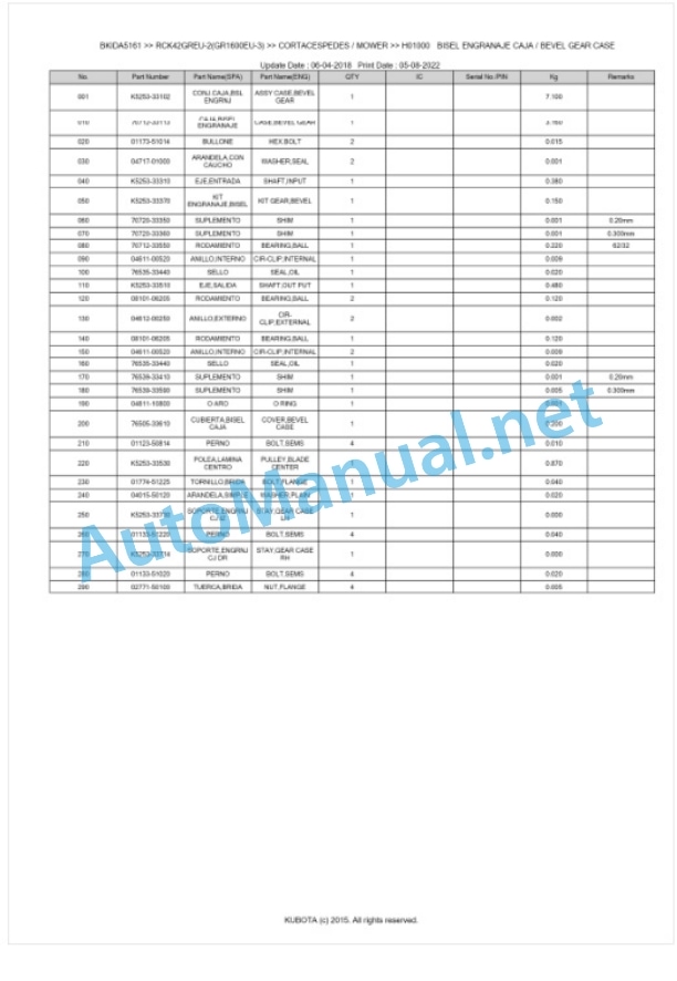 Kubota RCK42GREU-2(GR1600EU-3) Parts Manual PDF BKIDA5161-2