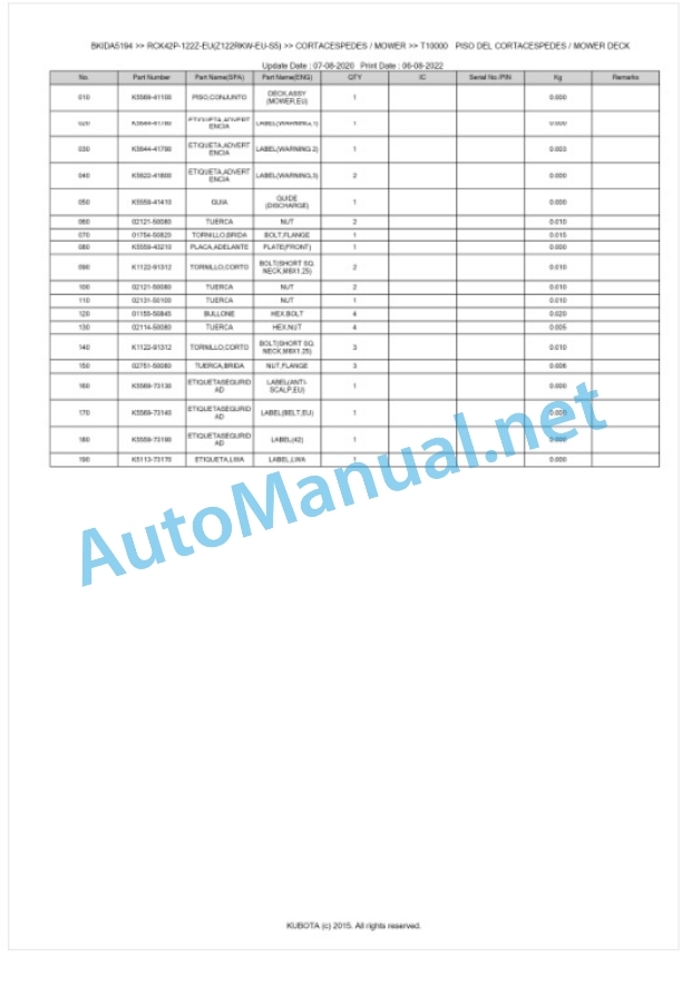 Kubota RCK42P-122Z-EU(Z122RKW-EU-S5) Parts Manual PDF BKIDA5194-3