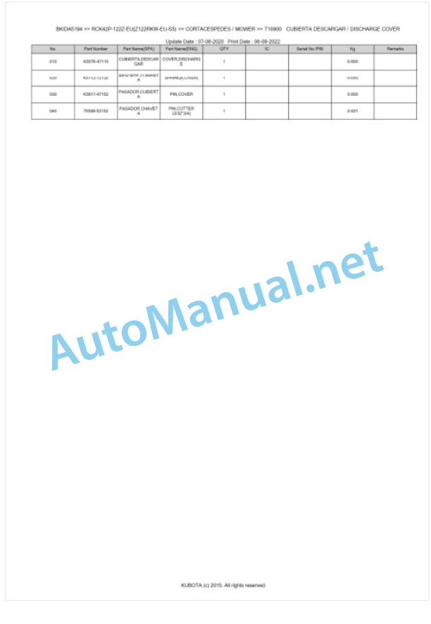 Kubota RCK42P-122Z-EU(Z122RKW-EU-S5) Parts Manual PDF BKIDA5194-5