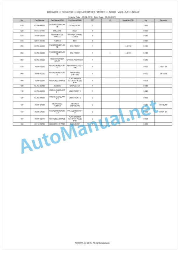 Kubota RCK48-16B Parts Manual PDF BKIDA0354-5