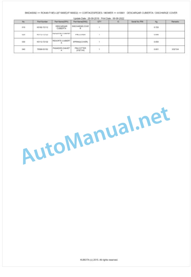 Kubota RCK48-F19EU-2(F1900E2, F1900D2) Parts Manual PDF BKIDA5092-5