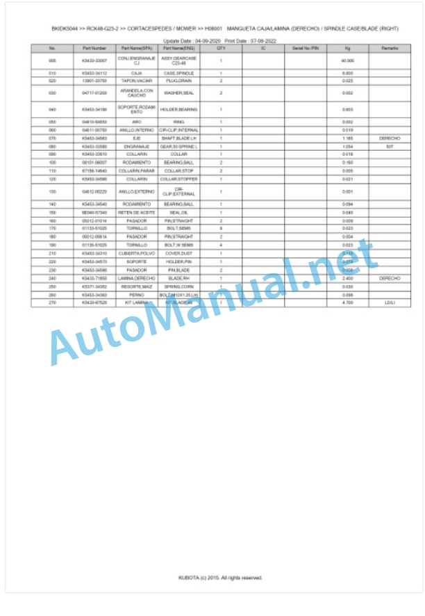 Kubota RCK48-G23-2 Parts Manual PDF BKIDK5044-3