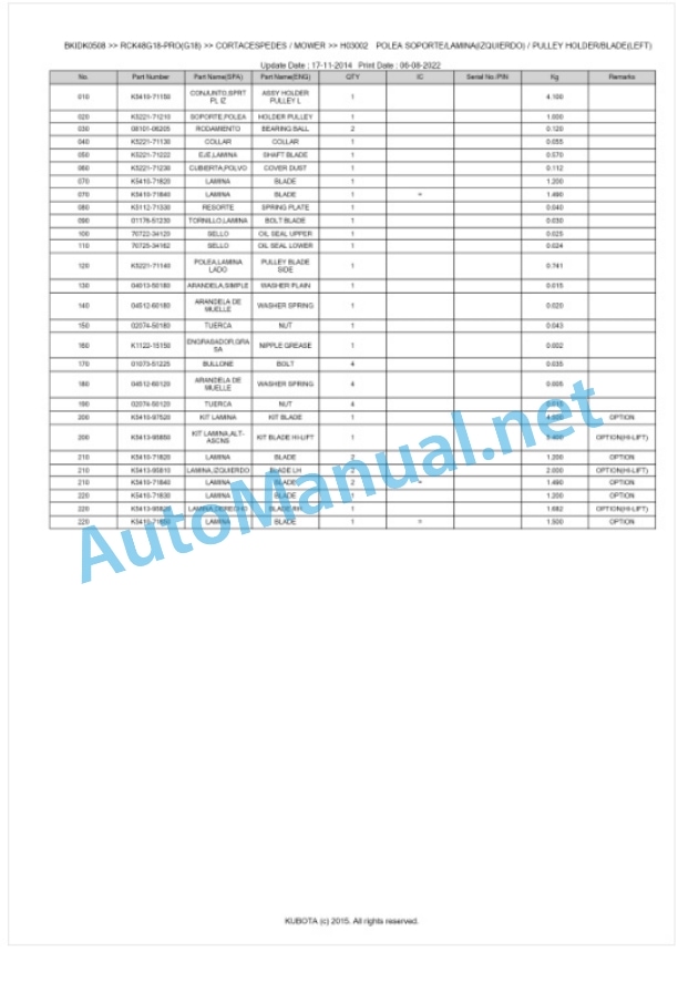 Kubota RCK48G18-PRO(G18) Parts Manual PDF BKIDK0508-3