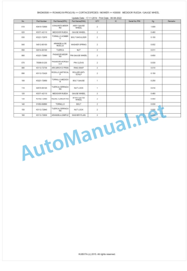 Kubota RCK48G18-PRO(G18) Parts Manual PDF BKIDK0508-5