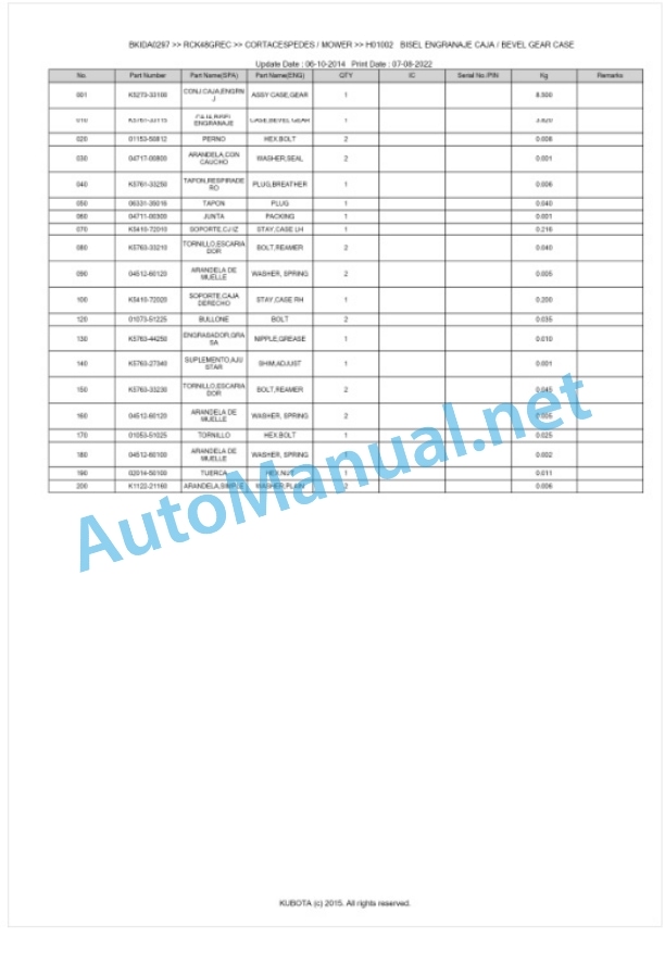 Kubota RCK48GREC Parts Manual PDF BKIDA0297-2