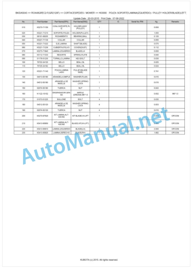 Kubota RCK48GREC2-F(GR2120F) Parts Manual PDF BKIDA5043-3