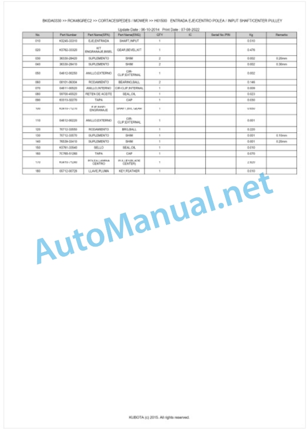 Kubota RCK48GREC2 Parts Manual PDF BKIDA0330-2