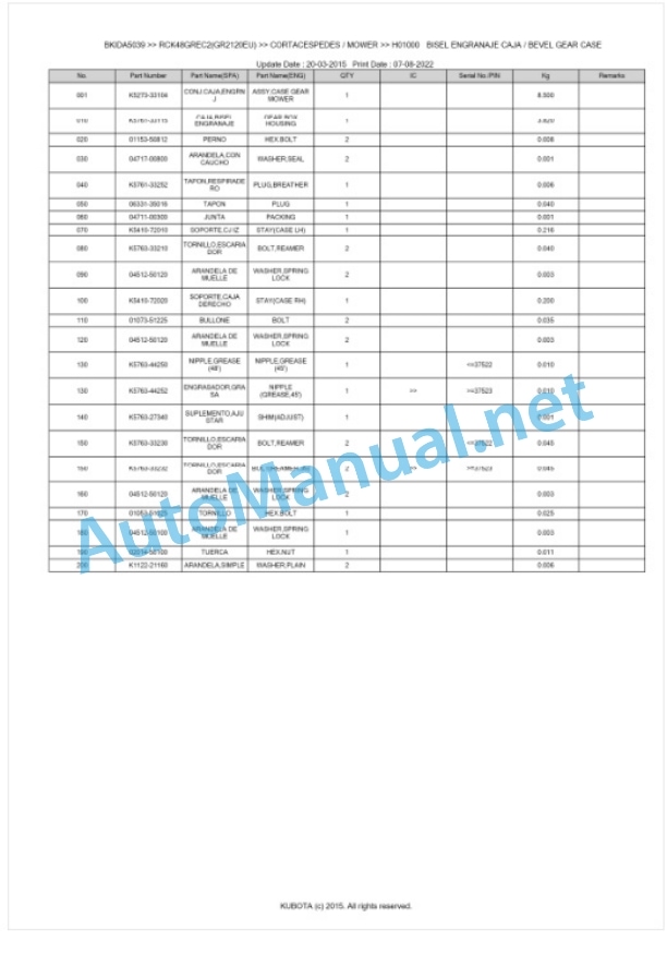 Kubota RCK48GREC2(GR2120EU) Parts Manual PDF BKIDA5039-2