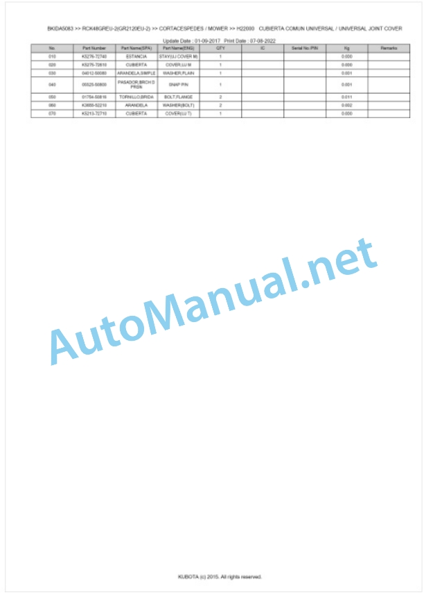 Kubota RCK48GREU-2(GR2120EU-2) Parts Manual PDF BKIDA5083-5