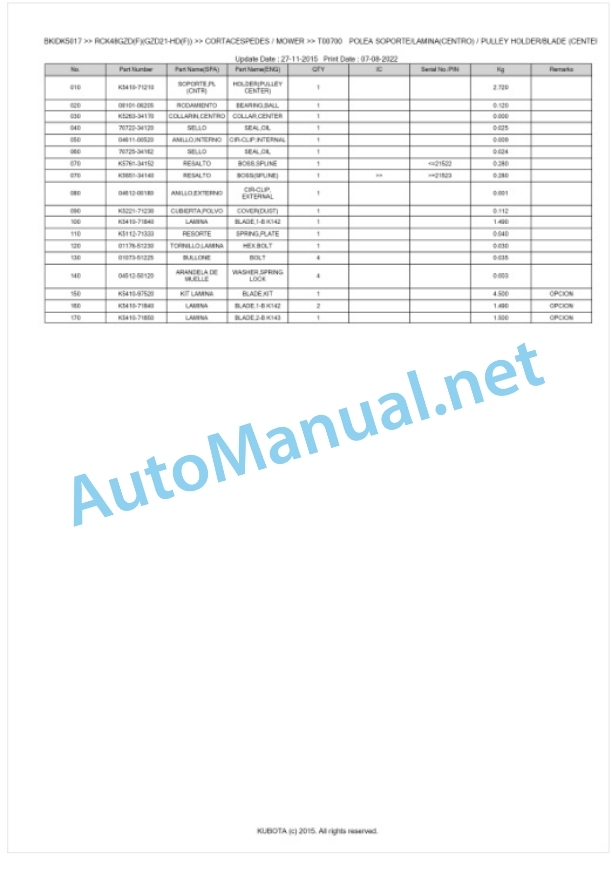 Kubota RCK48GZD(F)(GZD21-HD(F)) Parts Manual PDF BKIDK5017-3