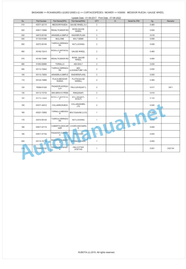 Kubota RCK48SGREU-2(GR2120SEU-2) Parts Manual PDF BKIDA5086-5