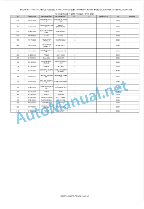 Kubota RCK48SGREU-2(GR2120SEU-3) Parts Manual PDF BKIDA5167-2