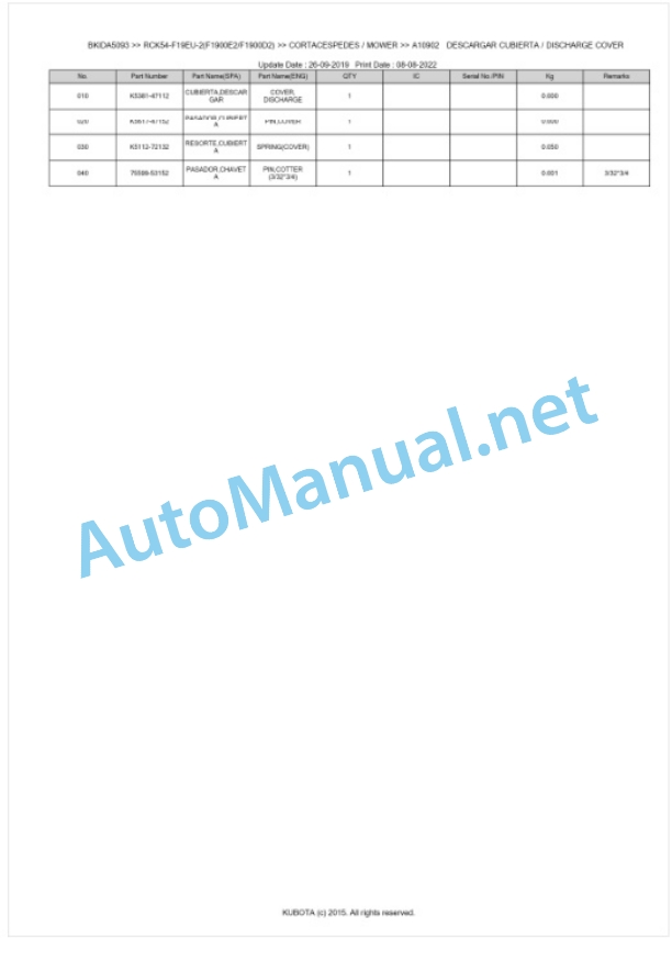 Kubota RCK54-F19EU-2(F1900E2, F1900D2) Parts Manual PDF BKIDA5093-5