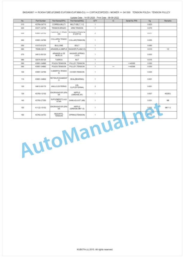 Kubota RCK54-F28EU(F2890E-EU, F3090-EU, F3890-EU) Parts Manual PDF BKIDA5067-3