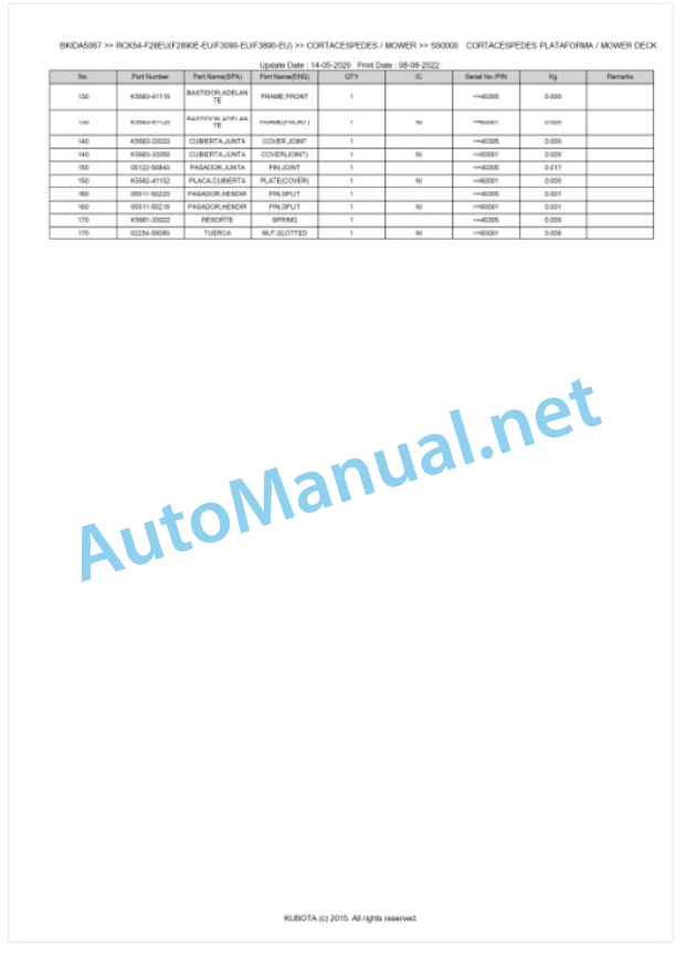 Kubota RCK54-F28EU(F2890E-EU, F3090-EU, F3890-EU) Parts Manual PDF BKIDA5067-4