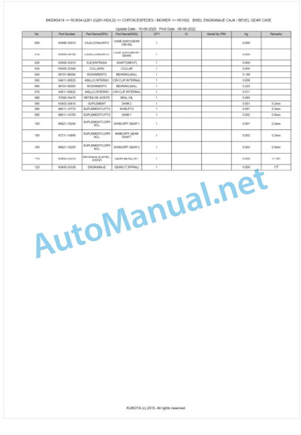 Kubota RCK54-G261 (G261-HD, G261-LD) Parts Manual PDF BKIDK5414-2