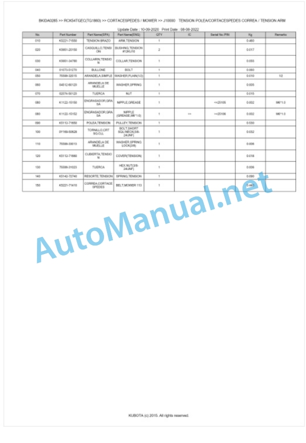 Kubota RCK54TGEC(TG1860) Parts Manual PDF BKIDA0285-3