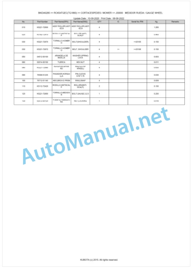 Kubota RCK54TGEC(TG1860) Parts Manual PDF BKIDA0285-4