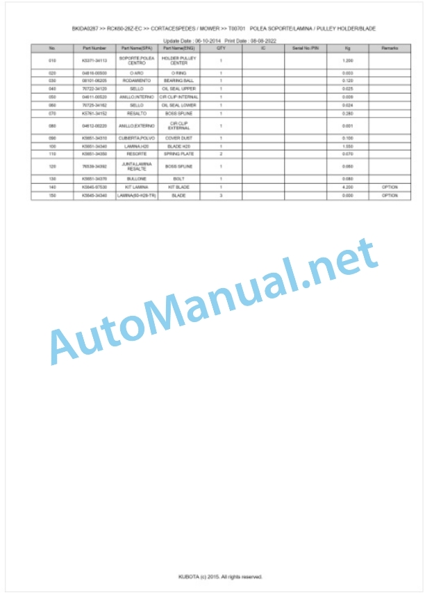 Kubota RCK60-28Z-EC Parts Manual PDF BKIDA0287-3