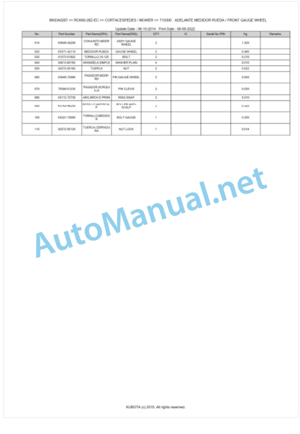 Kubota RCK60-28Z-EC Parts Manual PDF BKIDA0287-5