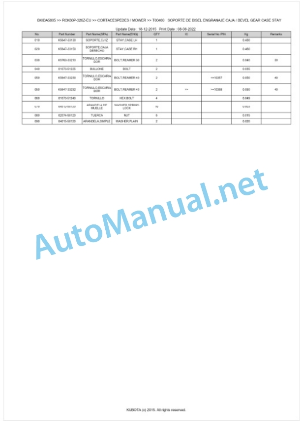 Kubota RCK60P-326Z-EU Parts Manual PDF BKIDA5005-2