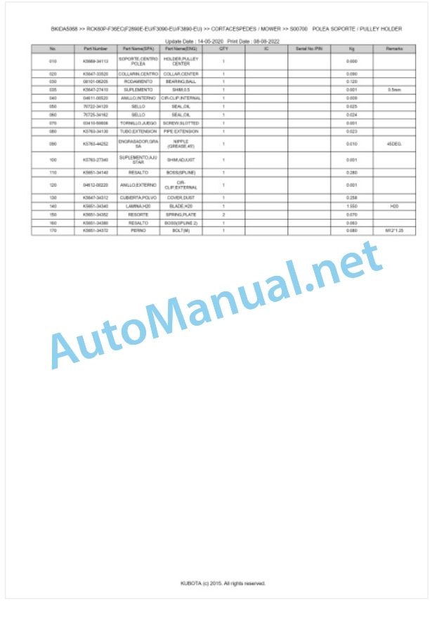 Kubota RCK60P-F36EC(F2890E-EU, F3090-EU, F3890-EU) Parts Manual PDF BKIDA5068-2