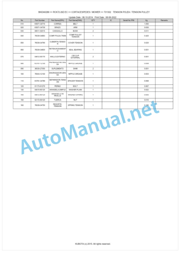 Kubota RCK72-28Z-EC Parts Manual PDF BKIDA0288-4