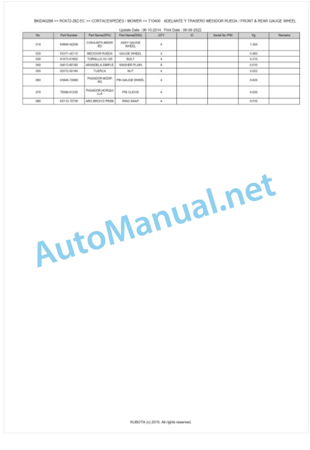 Kubota RCK72-28Z-EC Parts Manual PDF BKIDA0288-5