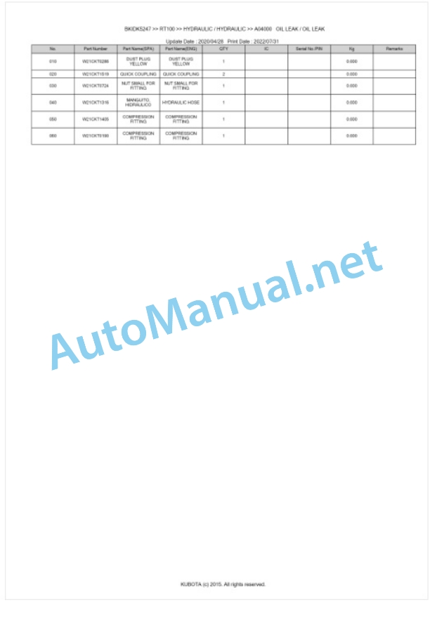 Kubota RT100 Parts Manual PDF BKIDK5247-5