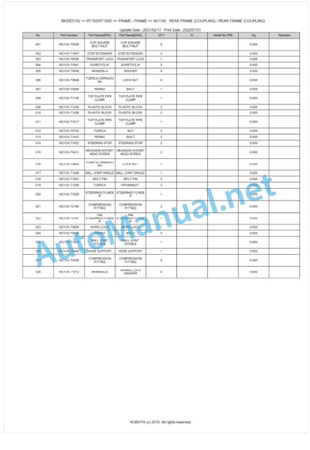 Kubota RT150, RT150D Parts Manual PDF BKIDE5152-3