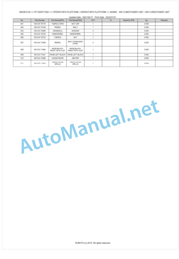 Kubota RT150, RT150D Parts Manual PDF BKIDE5152-5